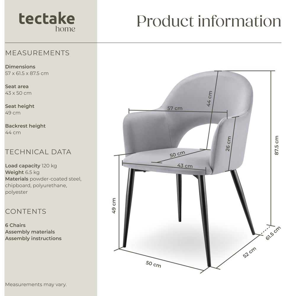 tectake Sasha Set of 6 Light Grey Velvet Look Dining Chair Image 9