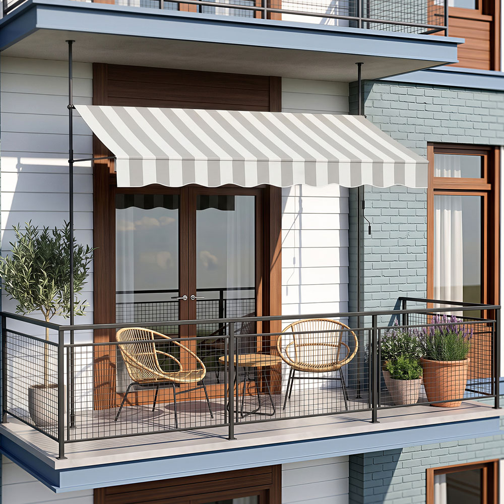 Living and Home Grey and White Wavy Valance Retractable Height Adjustable Awning 3m Image 3