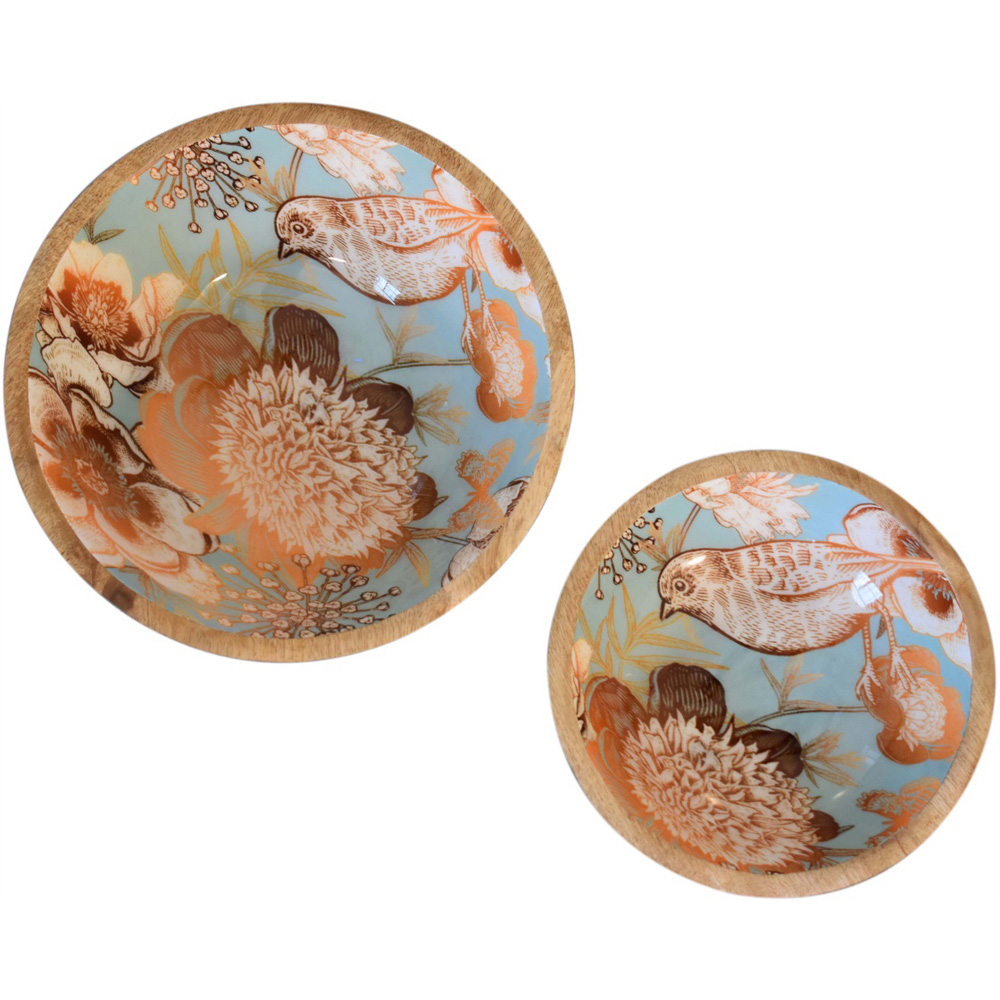 Artisan Furniture Beige Solid Wood Floral Bird Bowl 2 Pack Image 4