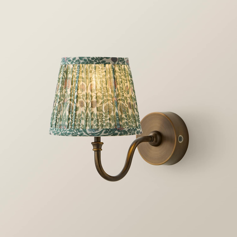 ValueLights Lowe Green Floral Pleated Shade Brass Rechargeable Wall Light with Bulb Image 3