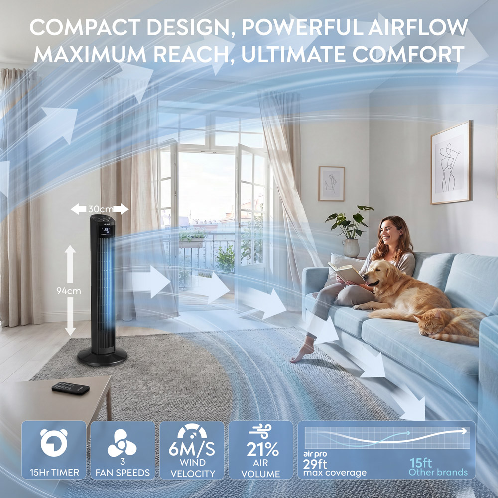 Air Pro Black Oscillating Bladeless Mono Tower Fan with Remote 36 inch Image 9