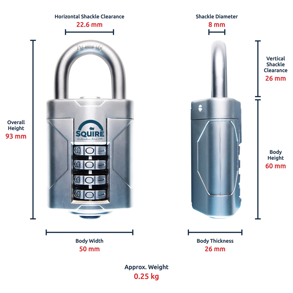 Squire 50mm 4 Wheel Combination Boron Shackle Padlock Image 7