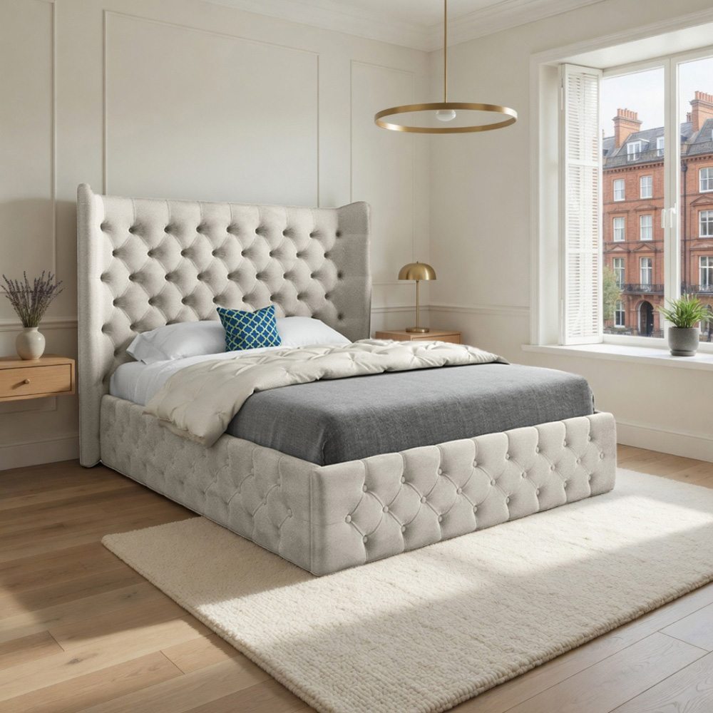 Florence Silver King Size Velvet Upholstered Bed Frame with Wide Winged Chesterfield Headboard Image 4