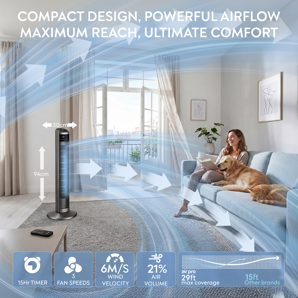 Air Pro Grey Oscillating Bladeless Tower Fan with Remote 36 inch Image 9