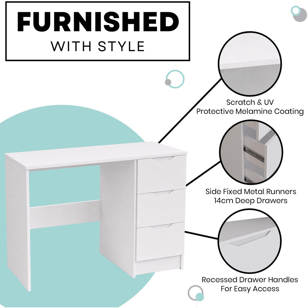 FWStyle Luno 3 Drawer White Vanity Dressing Table Image 6