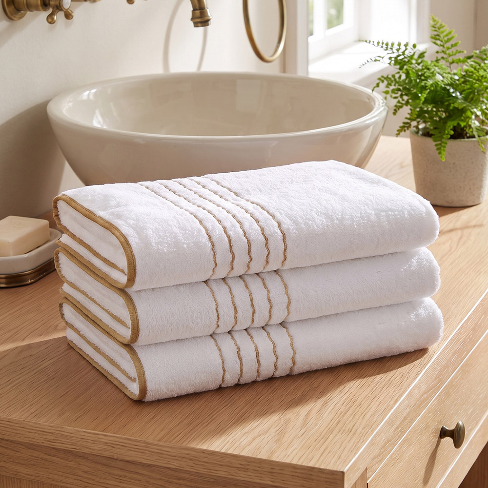 Living and Home Soft Polyester White Gold Line Bath Towel Set of 3 Image 2