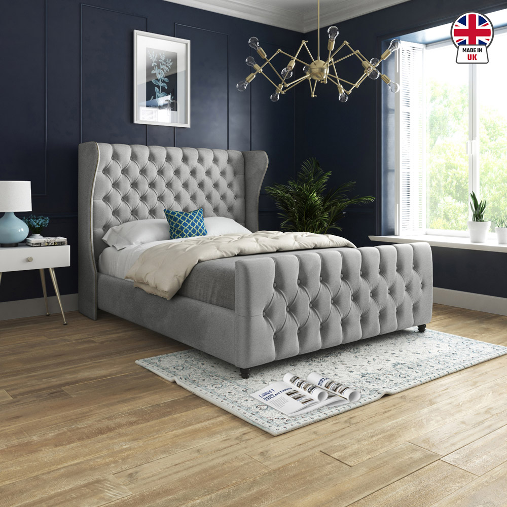 Donati Grey Small Single Velvet Upholstered Bed Frame with Straight Curved Top Headboard Image 6