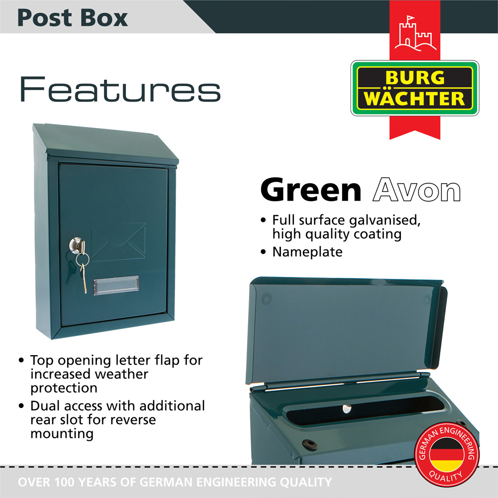 Burg-Wachter Avon Green Galvanised Steel Wall Mounted Top Opening Lockable Post Box 30 x 21 x 7cm Image 2
