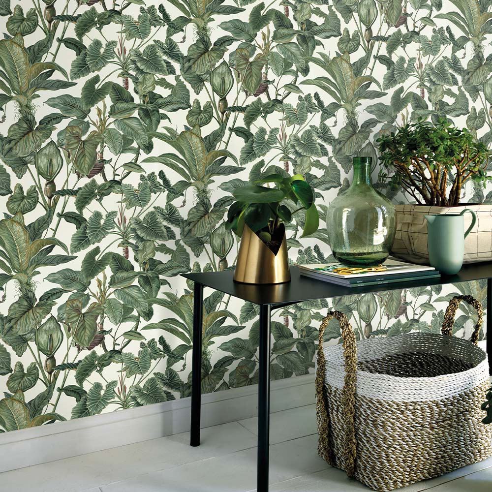 Erismann Paradiso Tropical Leaves White and Green Wallpaper Image 4