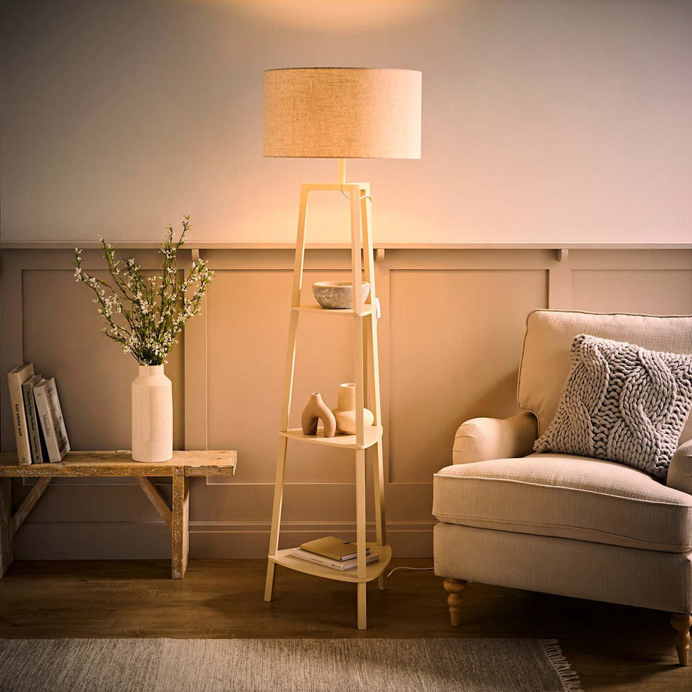 ValueLights Hiru 3 Shelf Linen Drum Shade Cream Wooden Floor Lamp with Bulb Image 2