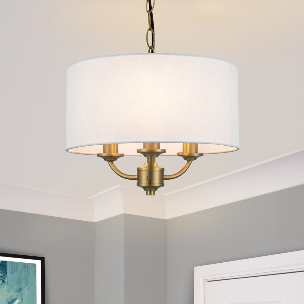 Cosylyte Winston Brass 3 Light Faux Linen Outer Shade Pendant Light Image 2