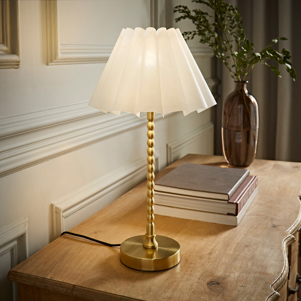 ValueLights Maeve White and Gold Scallop Pleated Tapered Shade Bobbin Bobble Table Lamp and Bulb Image 2