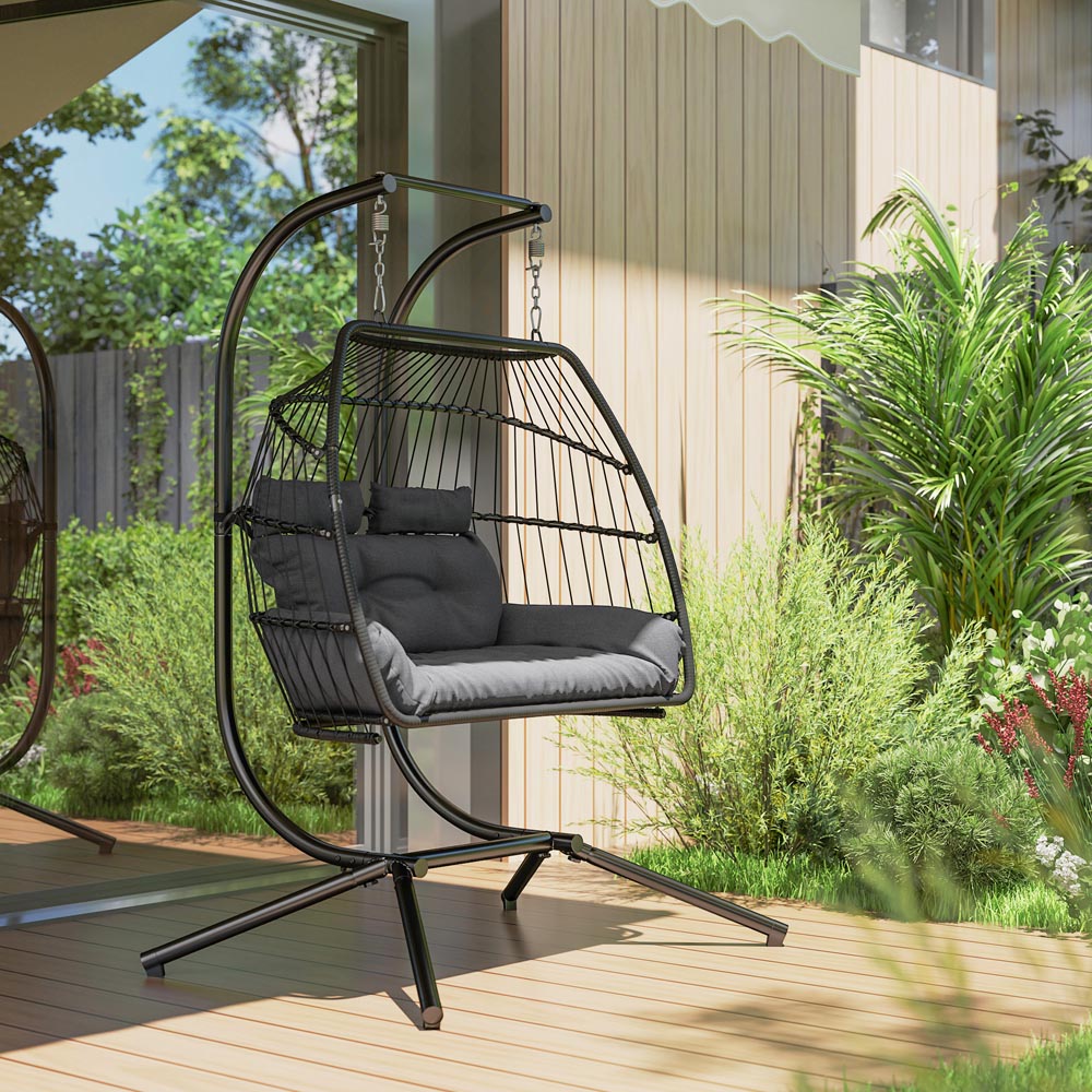 Outsunny 2 Seater Dark Grey Rattan Hanging Egg Chair with Stand and Cushion Image 3