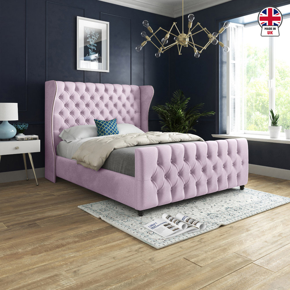 Donati Pink Small Double Velvet Upholstered Bed Frame with Straight Curved Top Headboard Image 6
