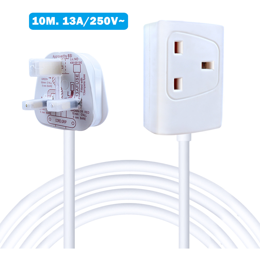 ExtraStar 13A 10m Single Socket White Extension Lead with Cable Image 1
