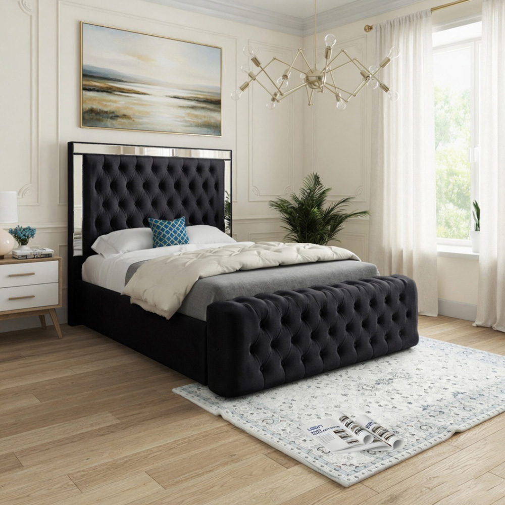 Marino Black Super King Size Velvet Upholstered Bed Frame with Mirrored Headboard Image 5
