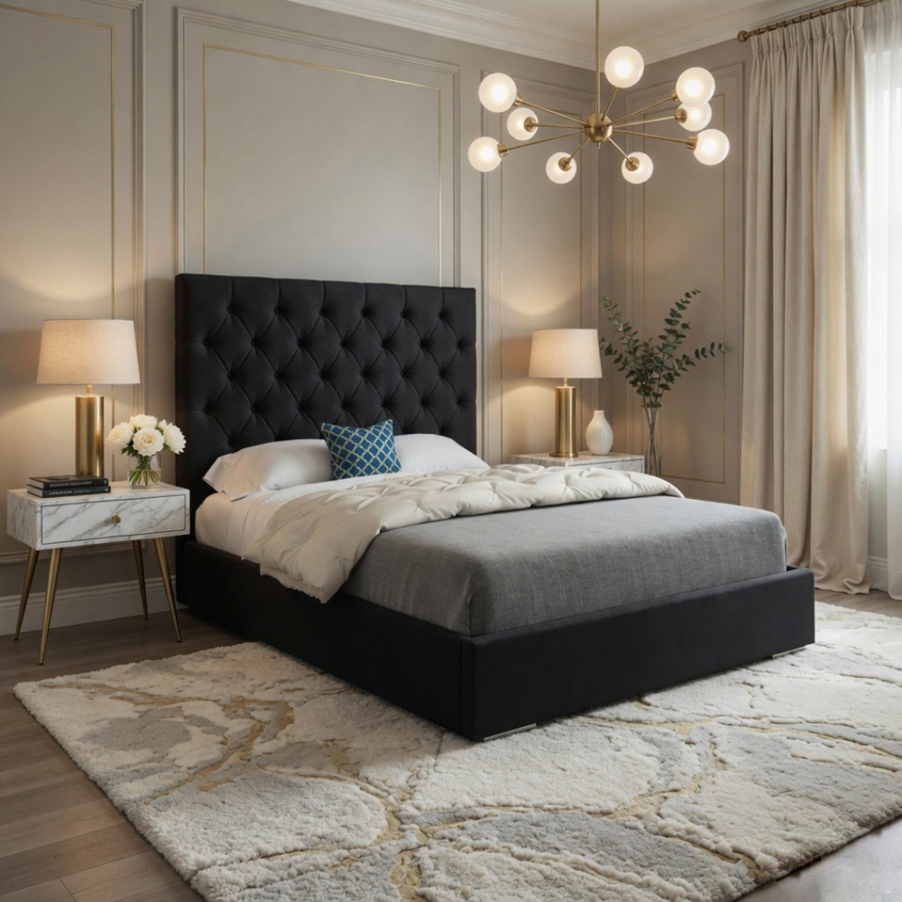Alma Black Small Double Velvet Upholstered Bed Frame with Chesterfield Headboard Image 5