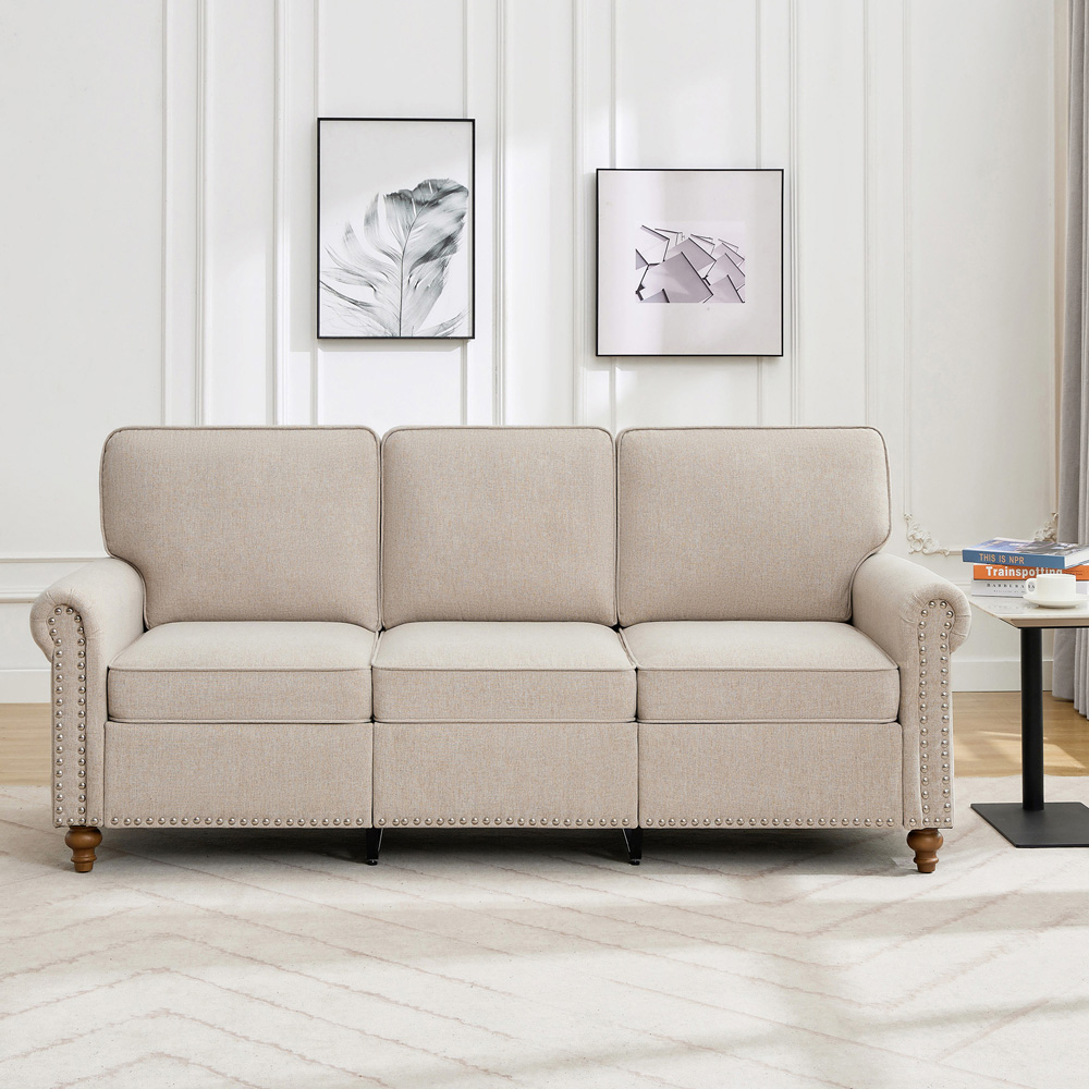 3 Seater Beige Plush Padded Studded Sofa Image 6