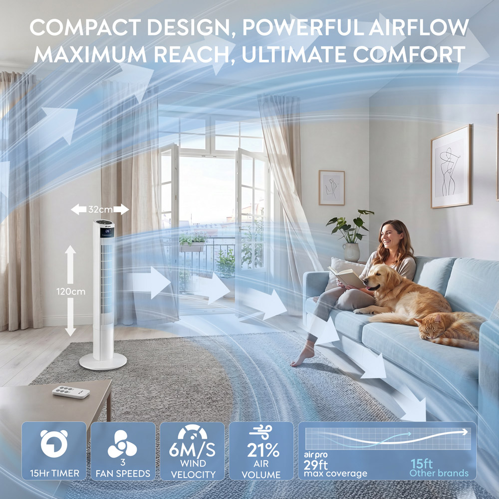 Air Pro White Oscillating Bladeless Tower Fan with Remote 48 inch Image 9