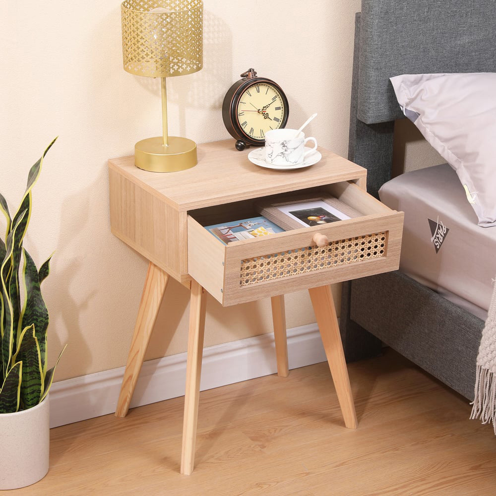 FurnitureHMD Single Drawer Natural Rattan Weaving Side Table with Pine Wood Legs Image 8