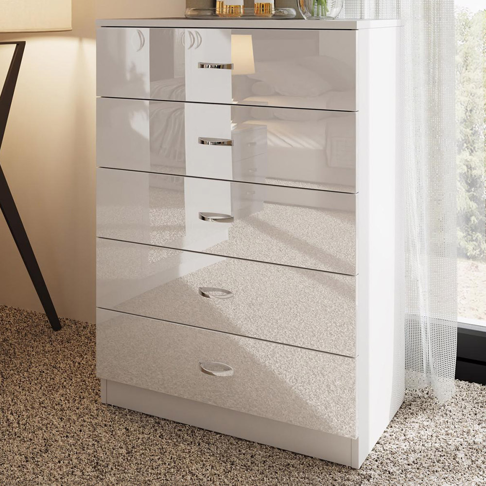 FWStyle Chilton 5 Drawer White Gloss Chest of Drawers Image 1