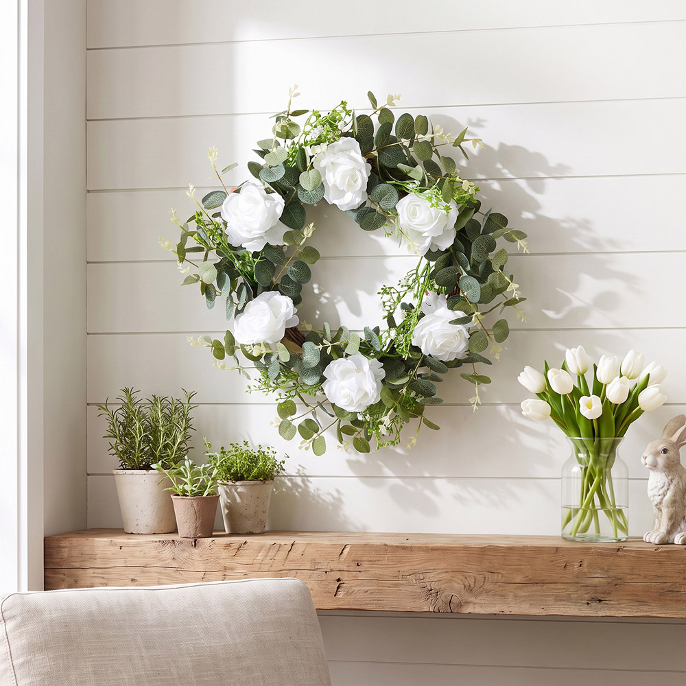Living and Home Artificial White Rose and Eucalyptus Door Wreath 50cm Image 2