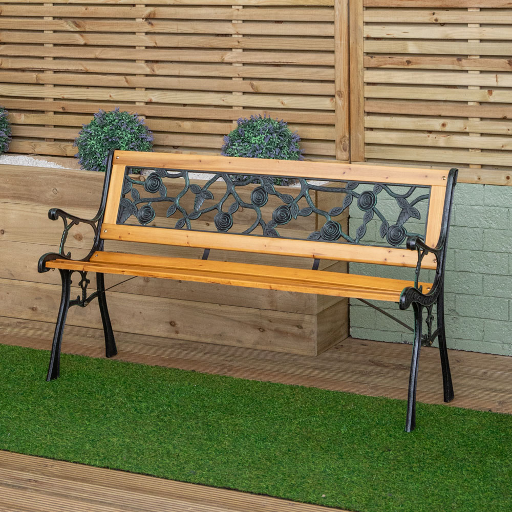 Samuel Alexander 2 Seater Rose Design Wooden and Cast Iron Garden Bench Image 7