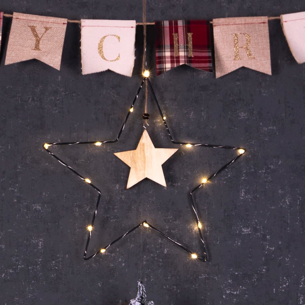 St Helens LED Metal Christmas Star Decoration with Wooden Centre Image 4