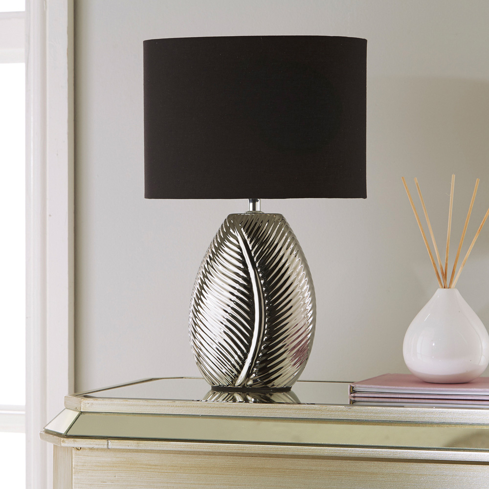 Kliving Amari Black Cotton Shade Silver Mirror Electroplate Leaf Design Table Lamp Image 2