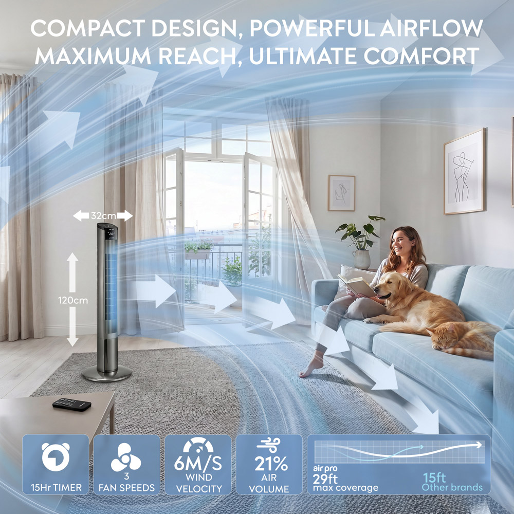 Air Pro Grey Oscillating Bladeless Tower Fan with Remote 48 inch Image 9
