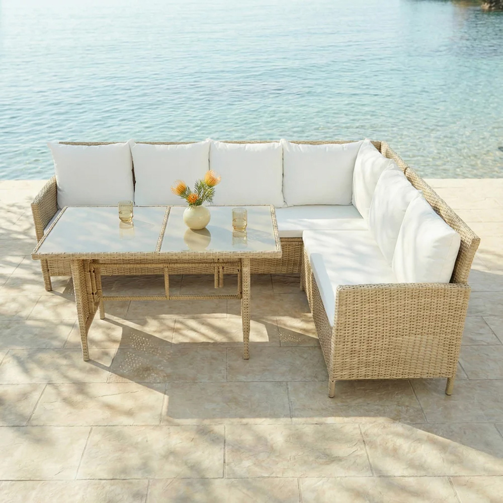 HGD Alia 6 Seater Natural and White Rattan Garden Corner Dining Sofa Set with Glass Table Image 8