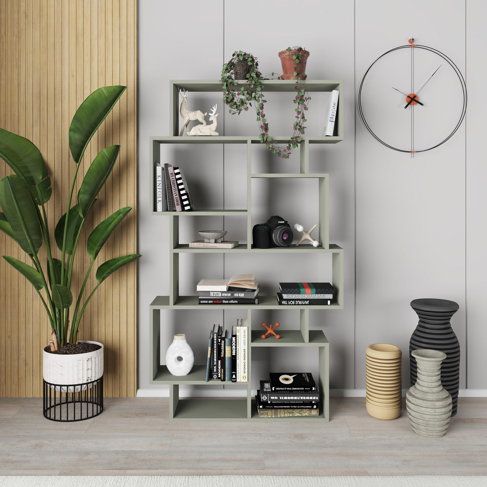 Decortie Karmato 10 Shelf Ash Green Asymmetric Tall Freestanding Bookcase Image 4