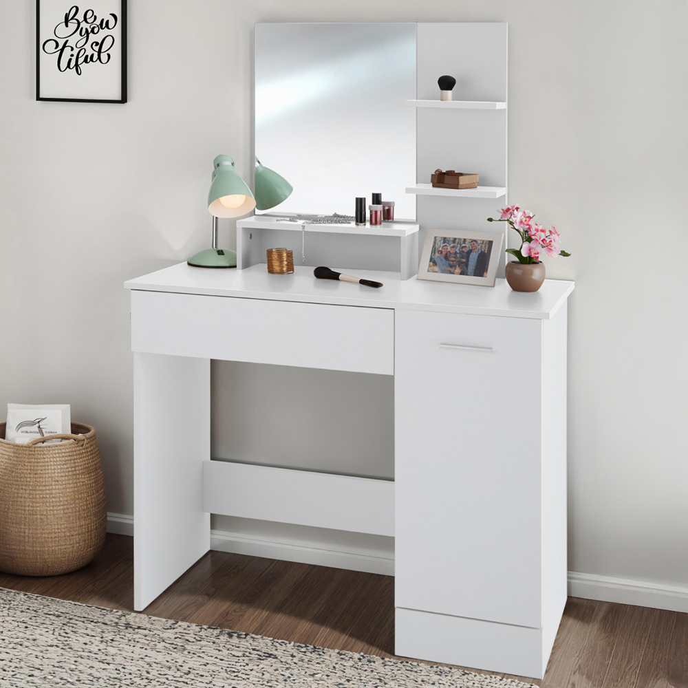 tectake Zoe Single Door Single Drawer White Dressing Table with Mirror Image 1
