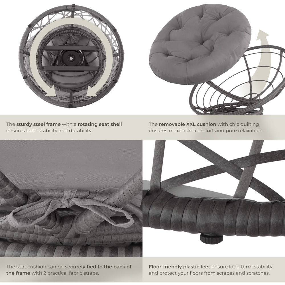 tectake Gargano Grey Polyrattan Rattan Rotatable Garden Chair with Round Cushion Image 5
