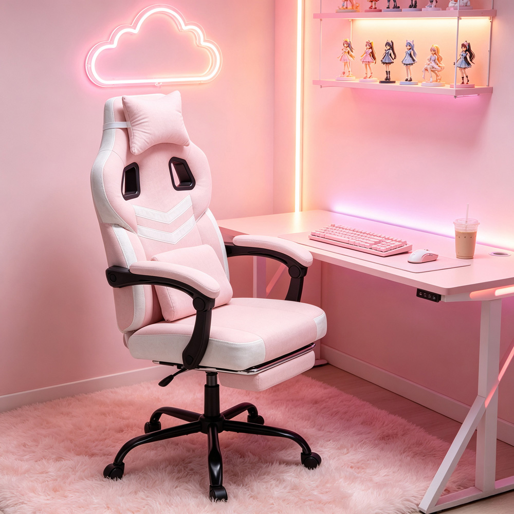Living and Home Pink and White Padded Gaming Chair with Footrest Image 7