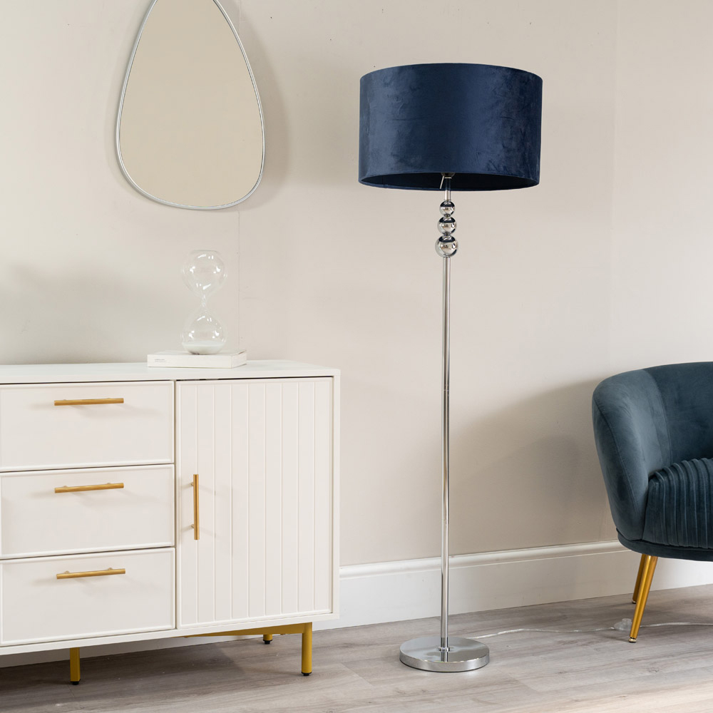 ValueLights Marissa Reni Navy Blue Velvet Shade and Chrome Ball LED Floor Lamp Image 4