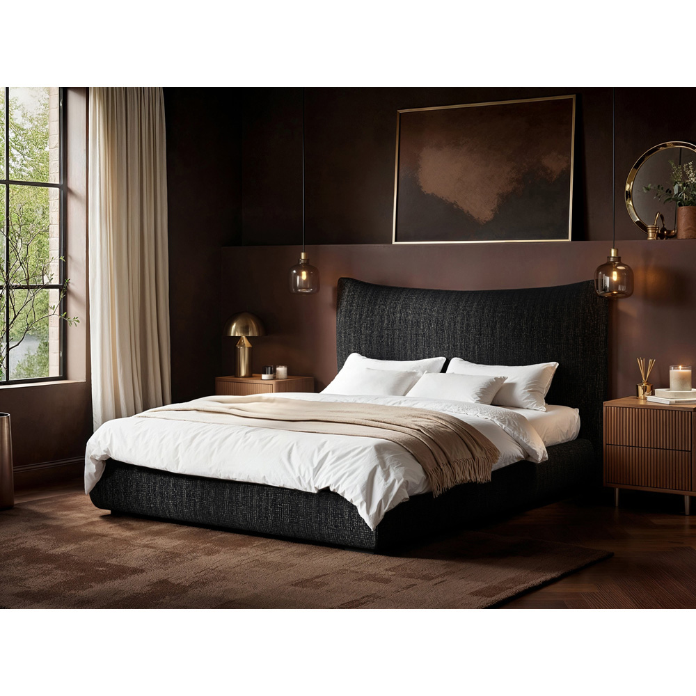 SOLACE+CO Miller Double Black Chenille Bed Frame with Curved Headboard Image 6