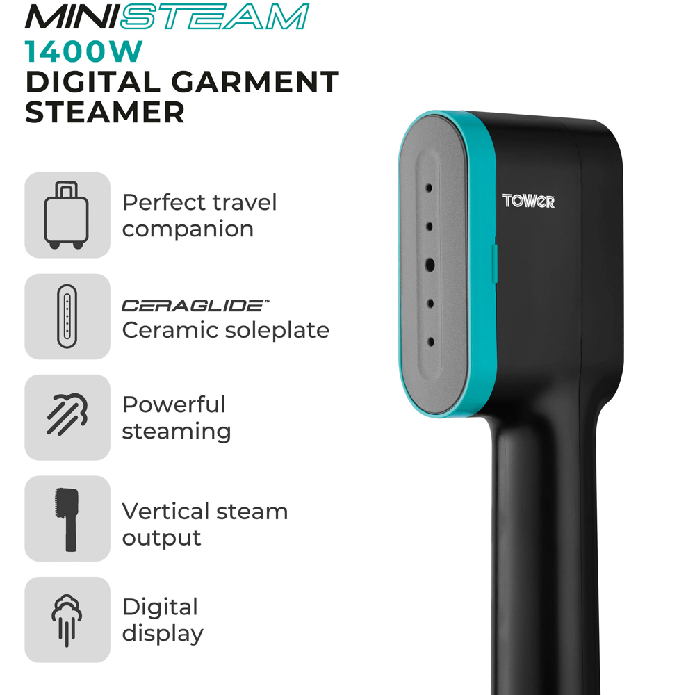 Tower Teal and Black Digital Handheld Garment Steamer Image 3