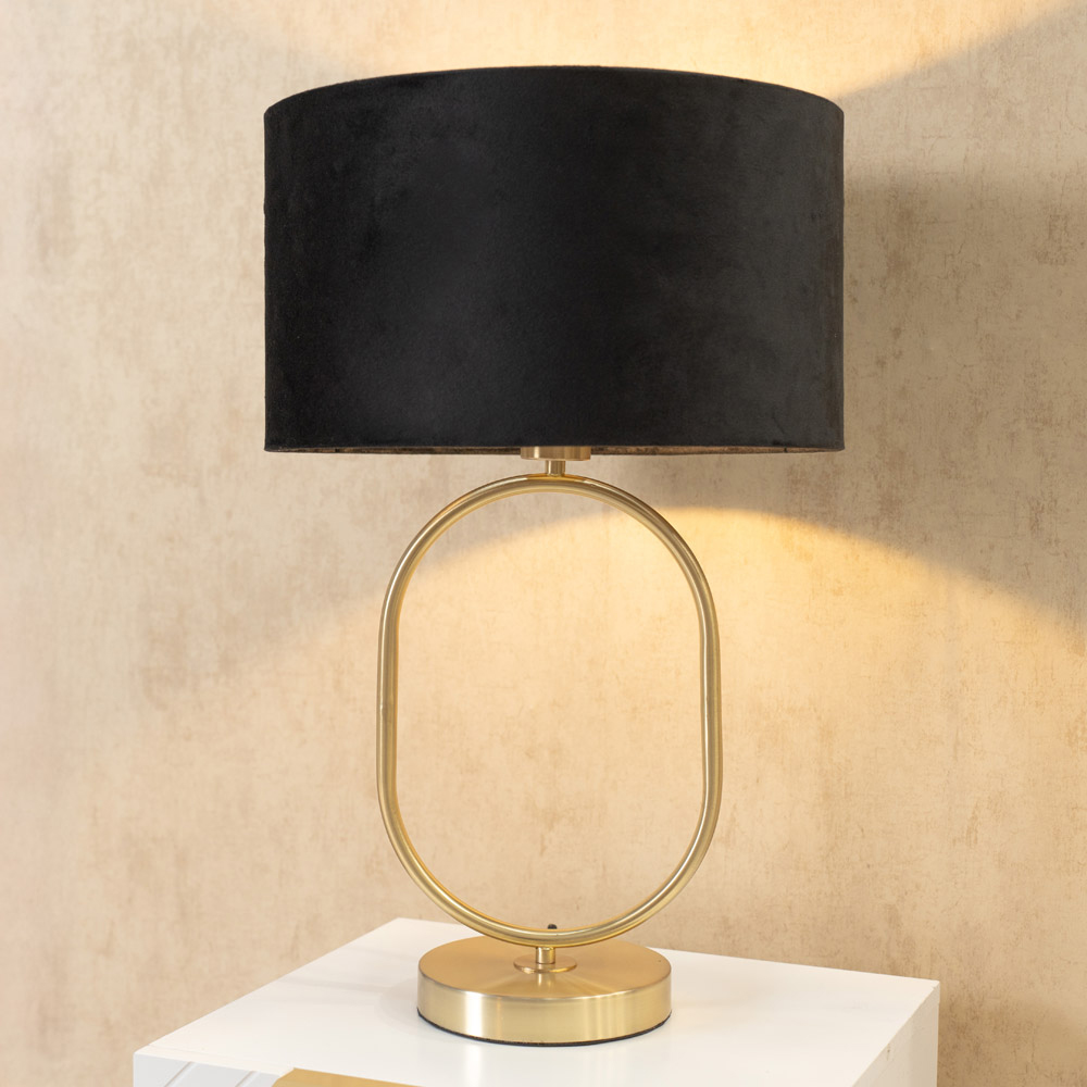 ValueLights Antonia Black Velvet Drum Shade Brushed Gold Oval LED Table Lamp Image 2