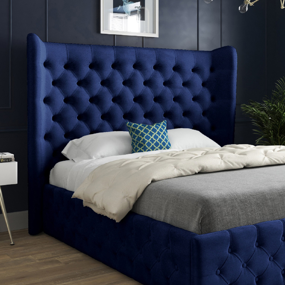 Florence Blue Small Double Velvet Upholstered Bed Frame with Wide Winged Chesterfield Headboard Image 3