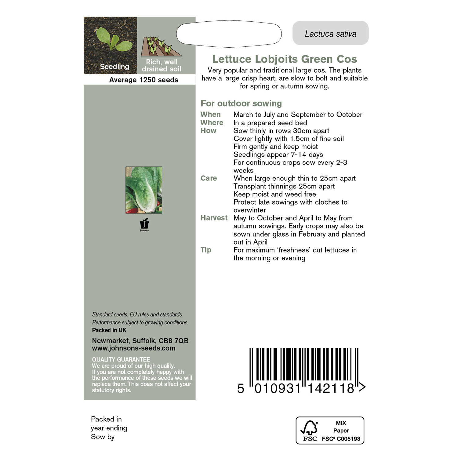 Johnsons Pack of Lettuce Lobjoits Green Cos Seeds Image 2