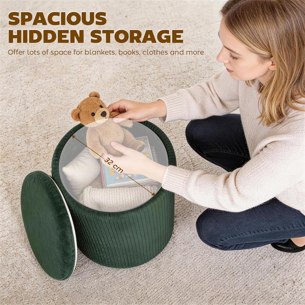Portland Dark Green Round Storage Ottoman with Removable Top Image 6