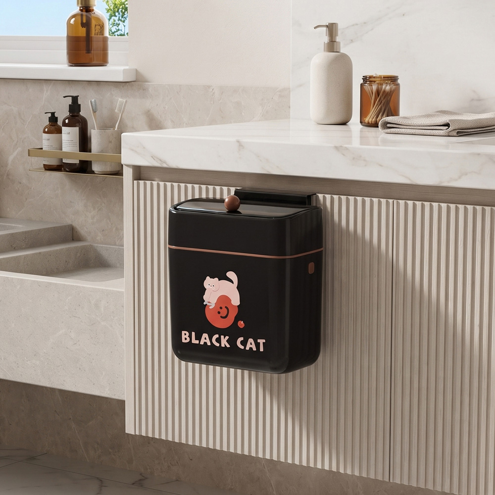 Living and Home Black Cat Print Hanging Kitchen Bin with Lid 28 x 26 x 15cm Image 2