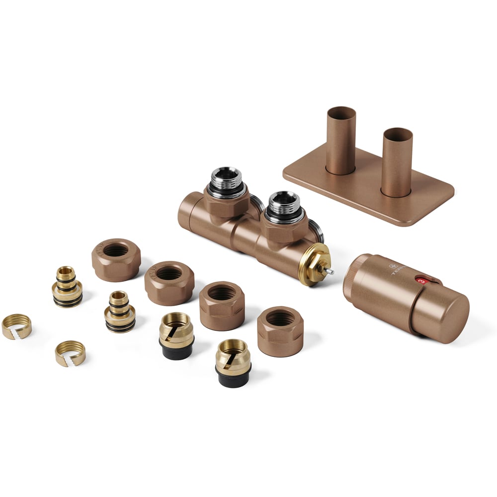 Terma Vario Bright Copper Right Sided Twins Angled Integrated Thermostatic Radiator Valve Set 50mm Image 2