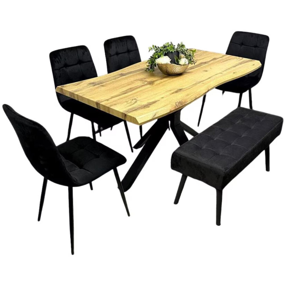 Portland 5 Seater Velvet Wooden Dining Set with Bench Brown and Black Image 9