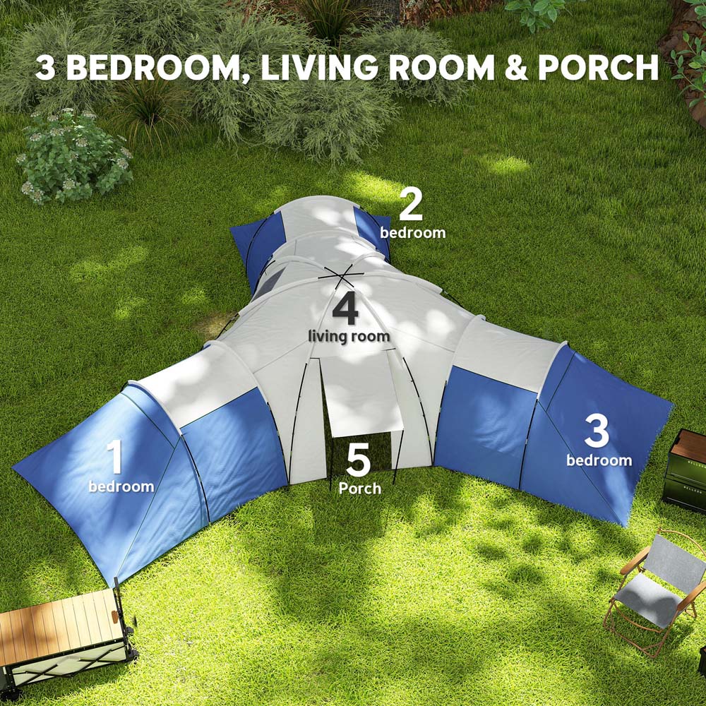 Outsunny 6-9 Person Tunnel Tent with 3 Bedroom and Porch Blue Image 4