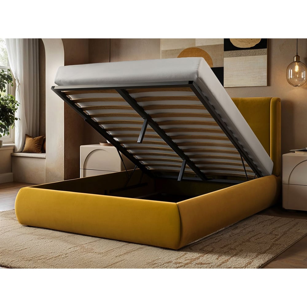 Solace+Co Monte King Size Gold Velvet Ottoman Bed with Winged Button Headboard Image 5