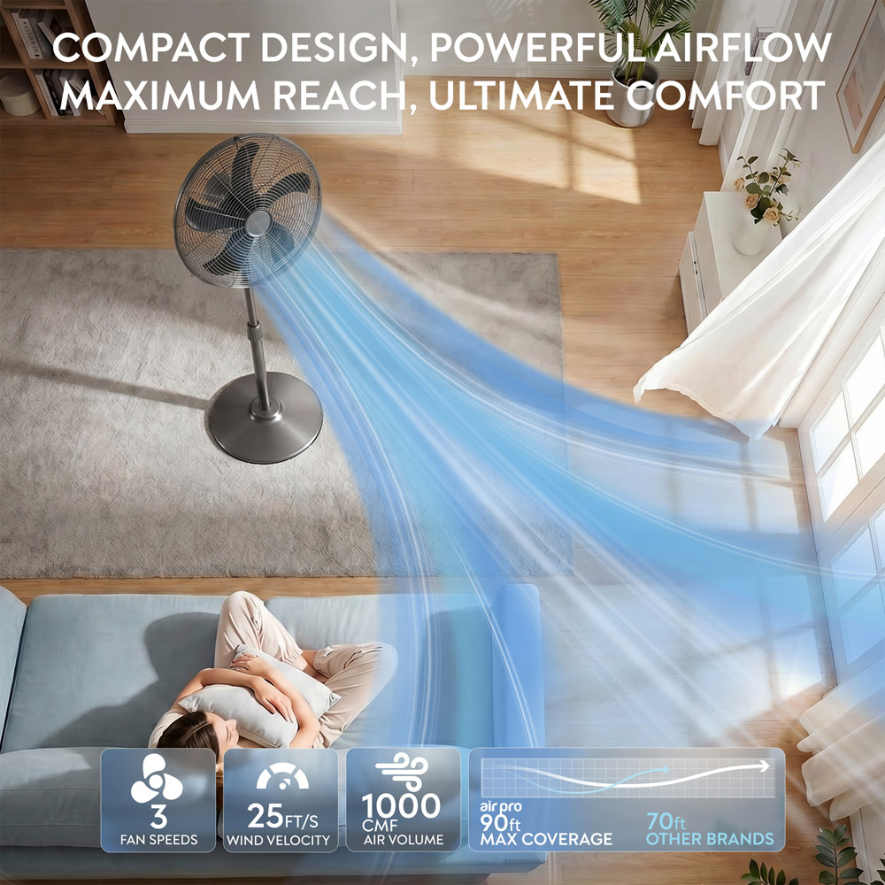 Air Pro Grey Brushed Height Adjustable Oscillating Standing Pedestal Fan 16 inch Image 7