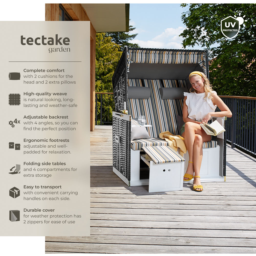 tectake Sylt Black Grey and Brown Beach Chair with Cushions and Cover Image 6