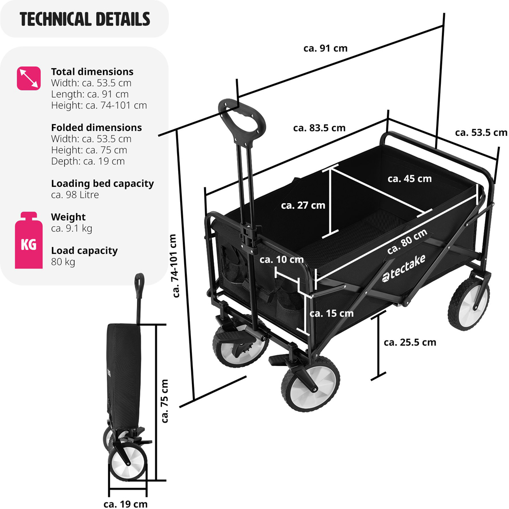tectake Leon Black 2 Pocket Foldable Garden Trolley with Brakes Image 9